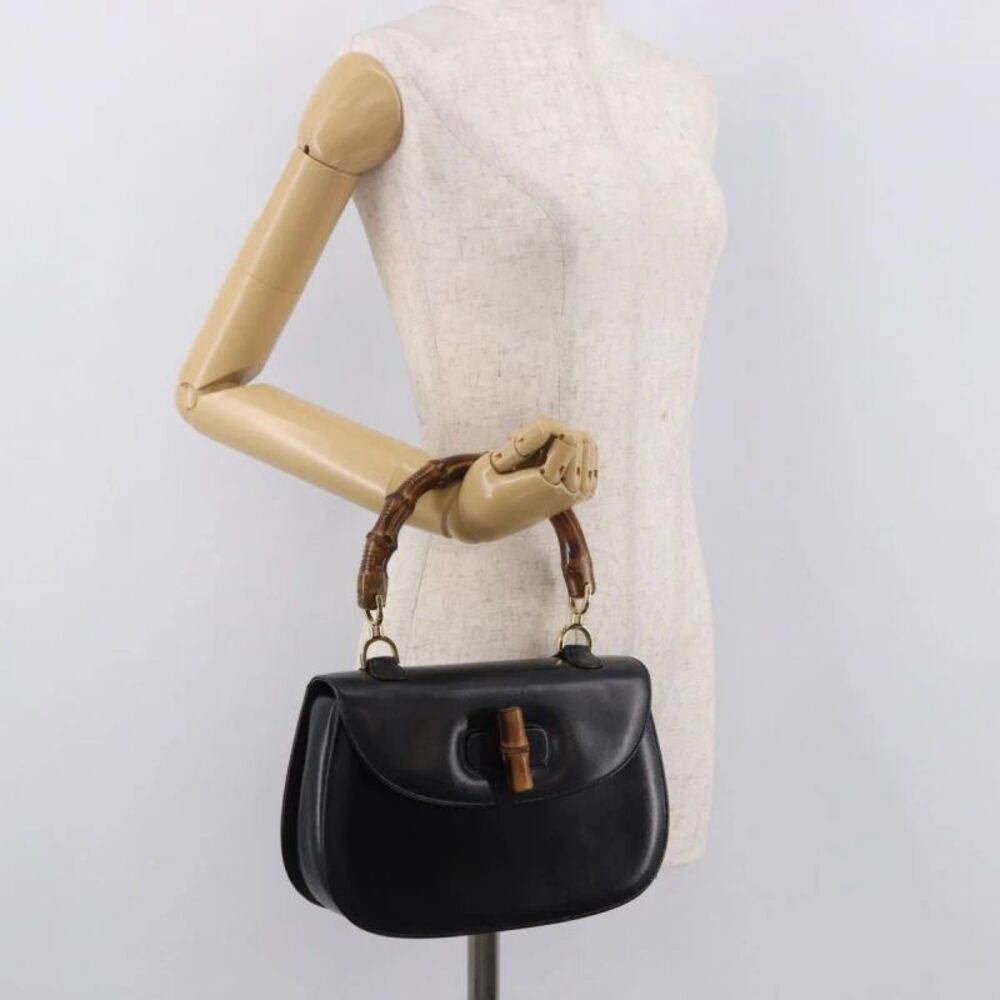 Gucci Vintage Convertible Bamboo Top Handle Leather Black Leather Handbag - Picture 15 of 16